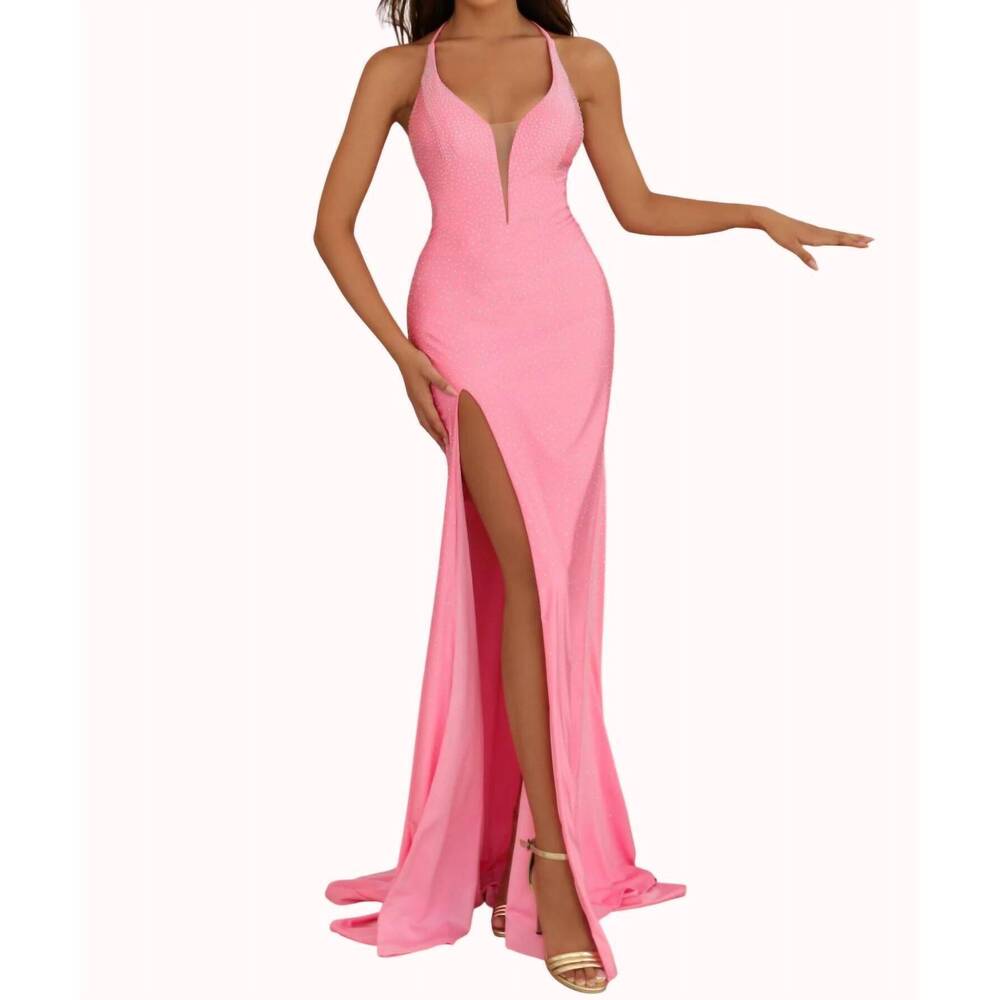 NEW CLARISSE open back gown in bubblegum pink